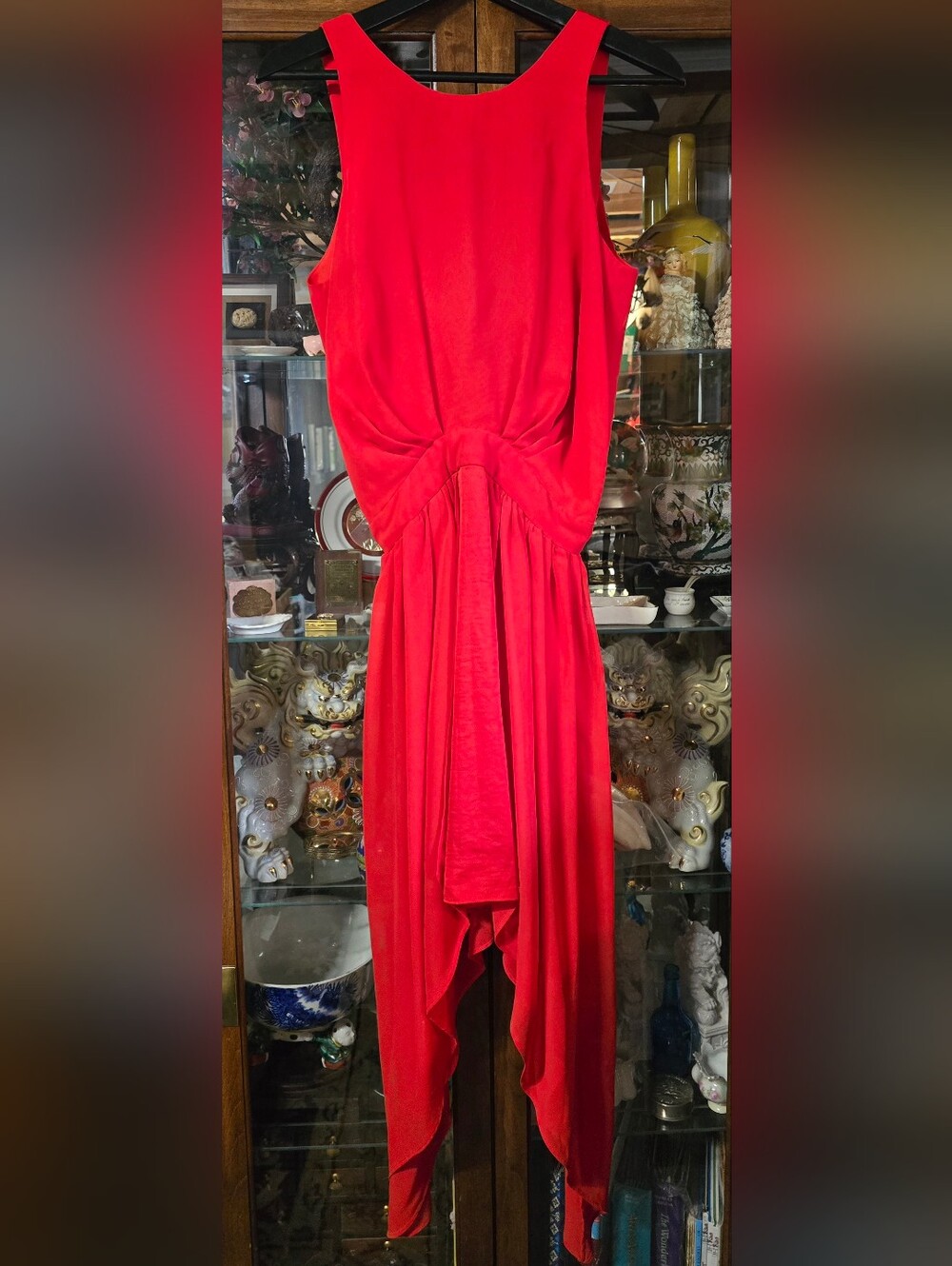 BCBGeneration Crimson Red High Neck Draped Handkerchief Midi Dress